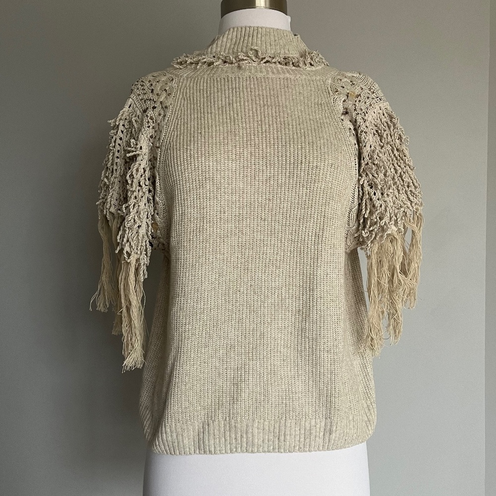 Anthropologie Aphrodite Fringe Embellished Embroidered Open Back Tee Top Sweater - Picture 10 of 11
